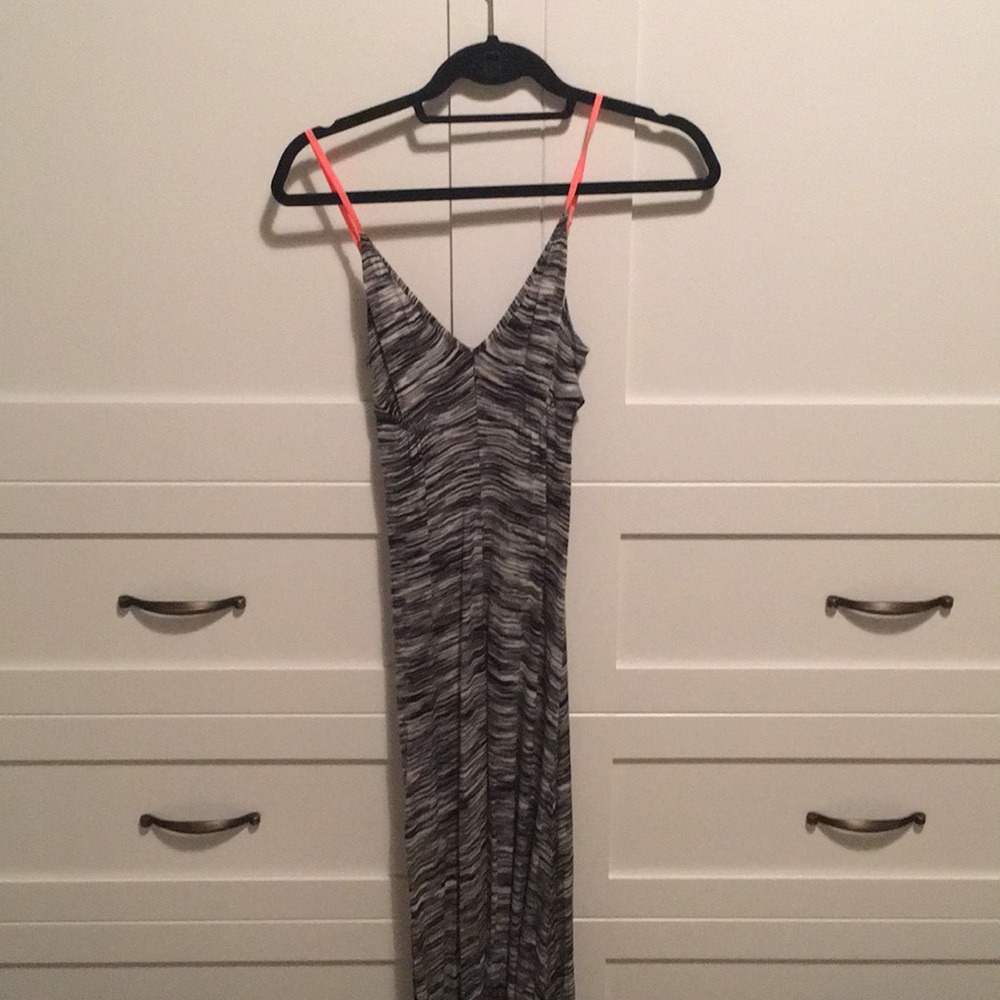 Black and white maxi dress with pink straps